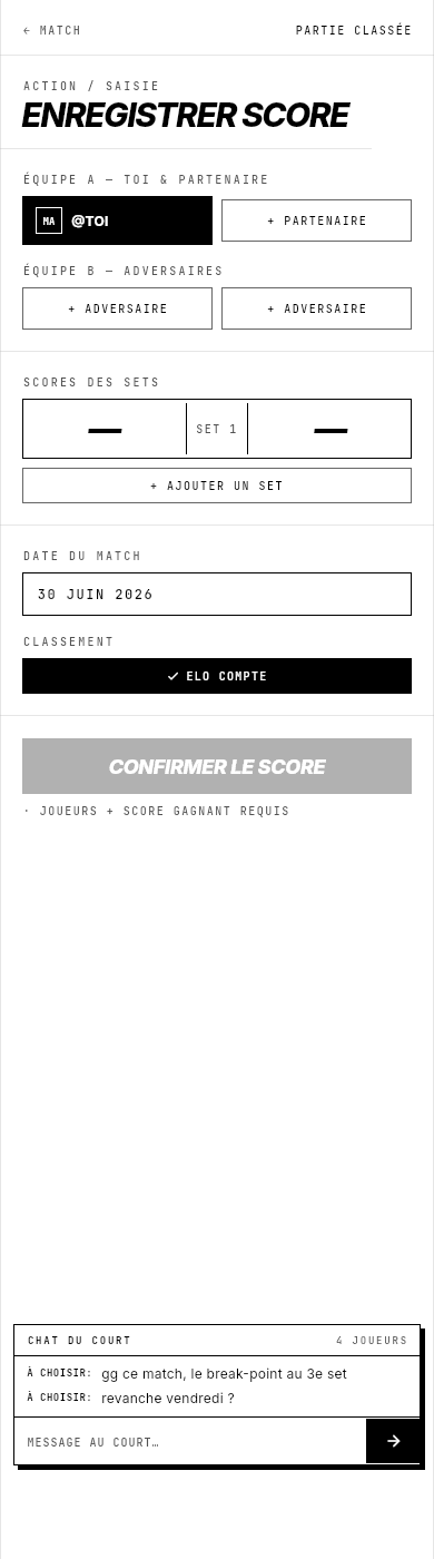 L’écran de déclaration de match Vibaura : score set par set, à quatre joueurs, en attente de confirmation.