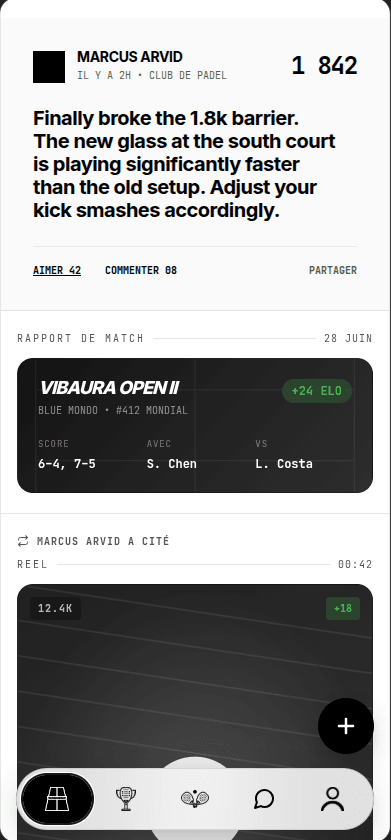 Le fil d’activité Vibaura : résultats de matchs validés et publications de la communauté padel.