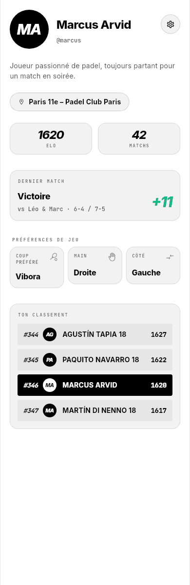 Le profil joueur dans l’application Vibaura : rating Elo, historique de matchs et statistiques.